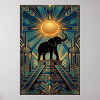 Art Deco Elephant Pyramid Golden Sunset