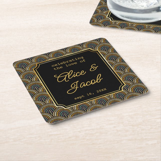 Art Deco Embroidered-Style Wedding  Square Paper Coaster (Angled)