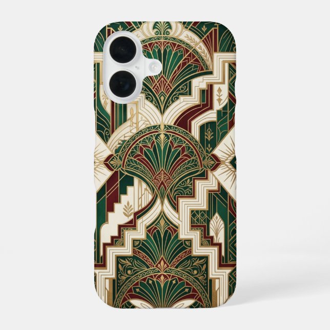 Art Deco Emerald & Gold Geometric Pattern iPhone 16 Case (Back)
