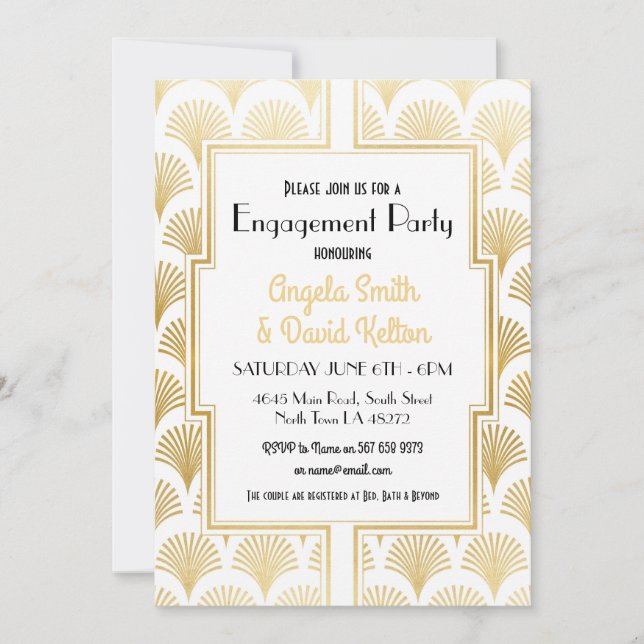 Art Deco Engagement Gatsby 1920's WHITE & GOLD Invitation (Front)