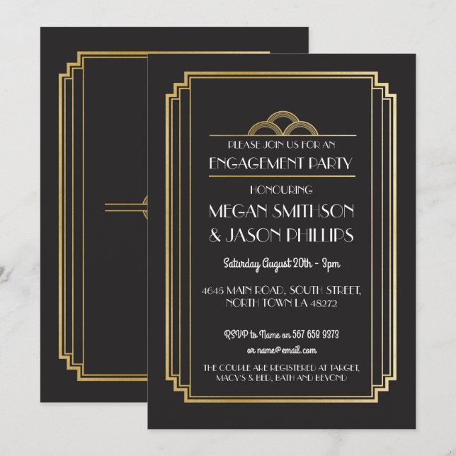 Art Deco Engagement Party Invitations Gold (Front/Back)