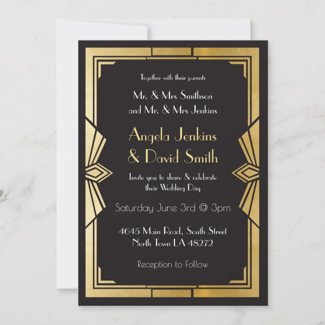 Art Déco Faire-part de mariage 1920's Black & Gold (Devant)