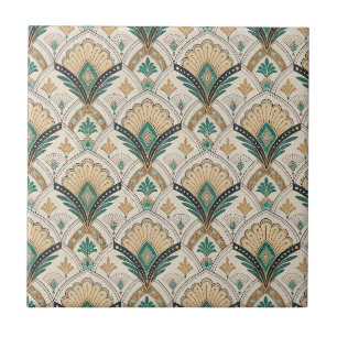 Art Deco Fan & Arch Gilded Teal Geometric Pattern Tile