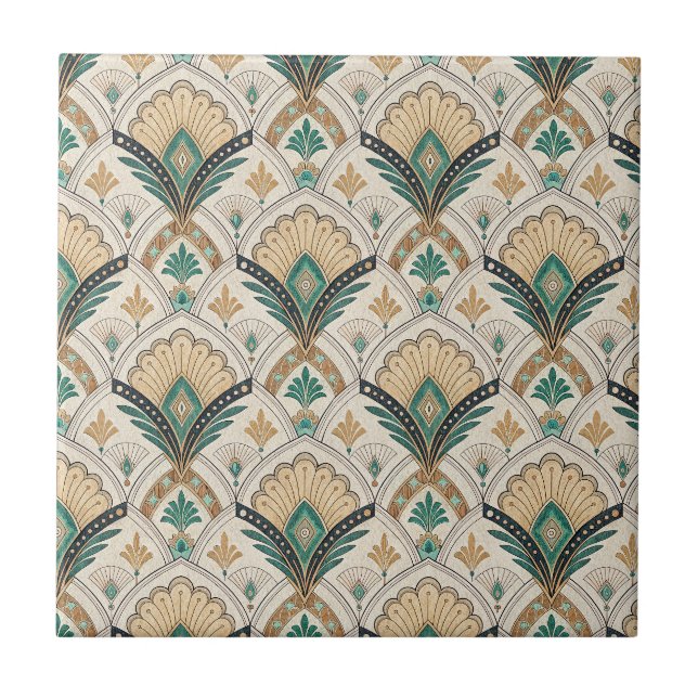 Art Deco Fan & Arch Gilded Teal Geometric Pattern Tile (Front)