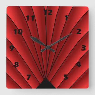 Art Deco Fan Design Red Square Wall Clock