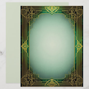 Art Deco Fan Frame on Green Stationery Paper