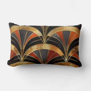 Art Deco Fan Motif Black, Gold & Deep Red Lumbar Pillow