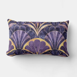 Art Deco Fan Motif Purple, Navy & Gold Elegance Lumbar Pillow