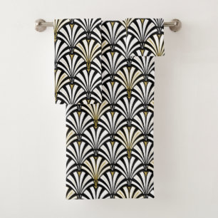Art Deco Fan Pattern, black and white Bath Towel Set