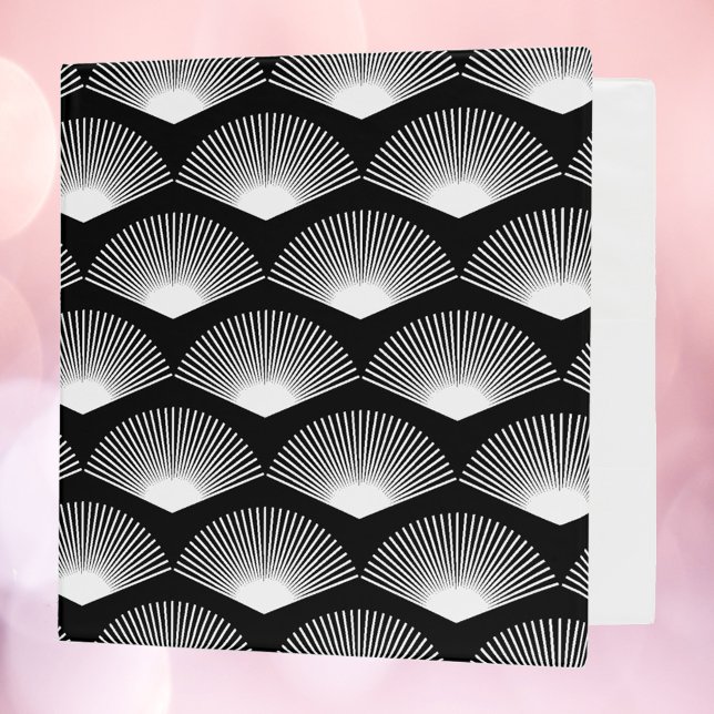 Art Deco Fan Pattern Black and White Binder (A binder with a white art deco fan pattern on a black background.)