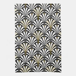 Art Deco fan pattern - black and white Kitchen Towel
