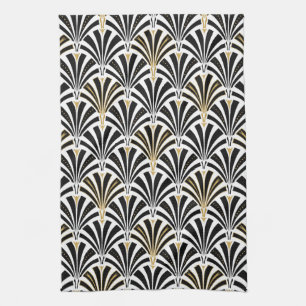 Art Deco fan pattern - black and white Kitchen Towel