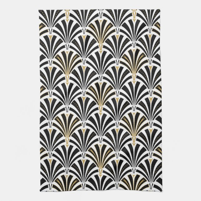 Art Deco fan pattern - black and white Kitchen Towel (Vertical)