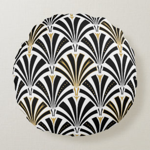 Art Deco fan pattern - black and white Round Pillow