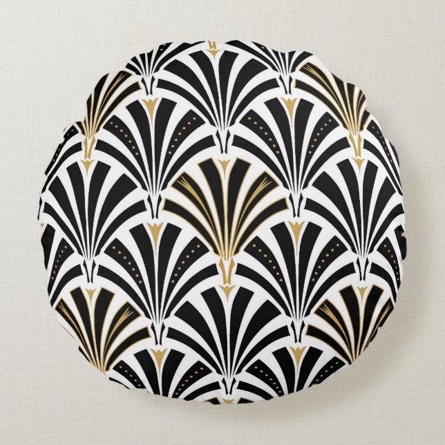 Art Deco fan pattern - black and white Round Pillow (Front)
