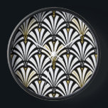 Art Deco fan pattern - black and white Wall Clock<br><div class="desc">Digital reproduction of a classic,  Art Deco wallpaper,  fan pattern - white on black,  embellished with gold</div>