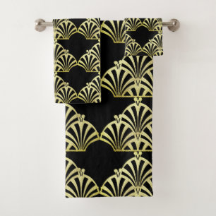 Art deco fan pattern black gold elegant vintage bath towel set