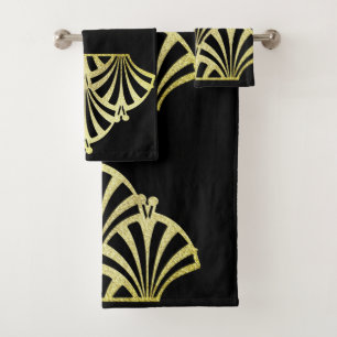 Art deco fan pattern black gold elegant vintage bath towel set