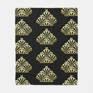 Art deco fan pattern black gold elegant vintage fleece blanket