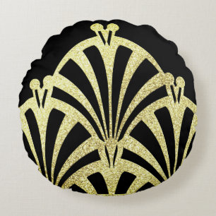 Art deco fan pattern black gold elegant vintage round pillow
