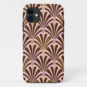 Art Deco fan pattern - chocolate on pink iPhone 11 Case