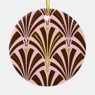 Art Deco fan pattern - chocolate on pink Ceramic Ornament
