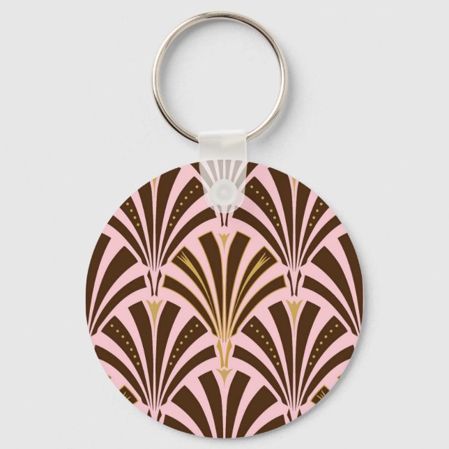 Art Deco fan pattern - chocolate on pink Keychain (Front)