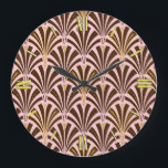 Art Deco fan pattern - chocolate on pink Large Clock<br><div class="desc">Digital reproduction of a classic,  Art Deco wallpaper fan pattern - deep,  chocolate brown on light shell pink,  embellished with gold</div>