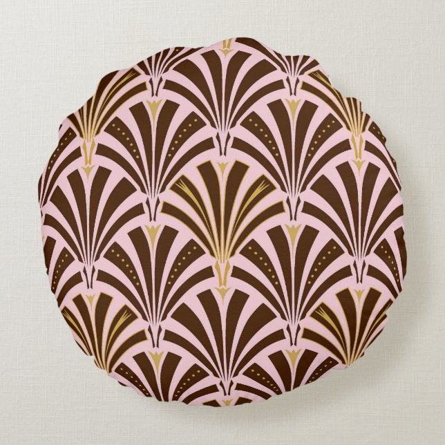 Art Deco fan pattern - chocolate on pink Round Pillow (Back)