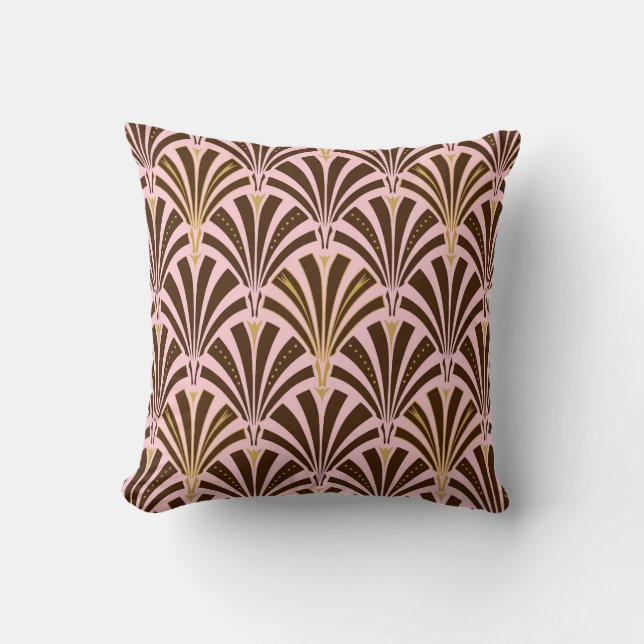 Art Deco fan pattern - chocolate on pink Throw Pillow (Front)