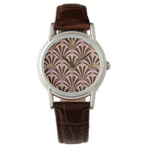 Art Deco fan pattern - chocolate on pink Watch