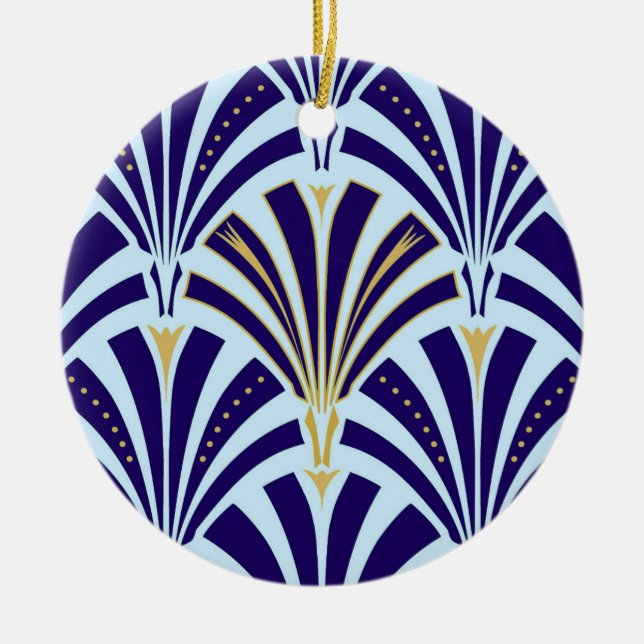 Art Deco fan pattern - cobalt and sky blue Ceramic Ornament (Front)