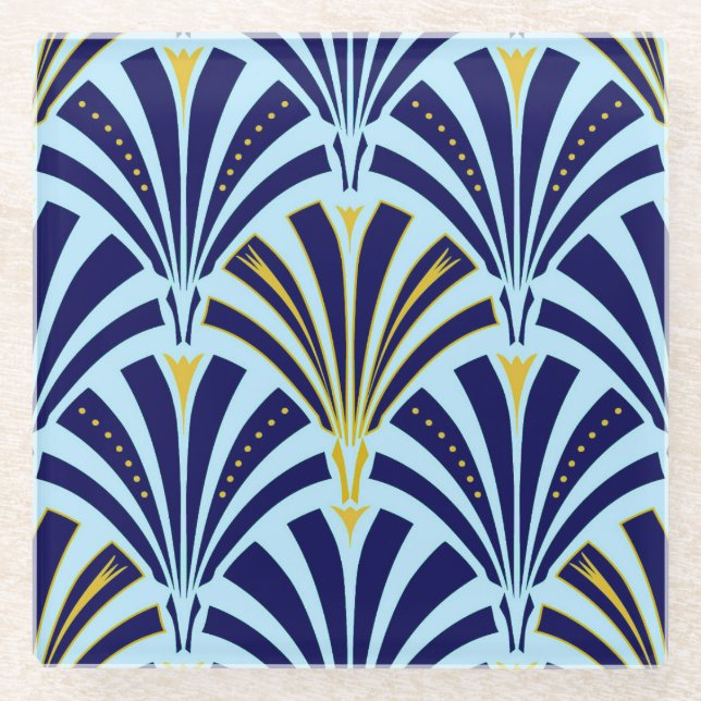 Art Deco fan pattern - cobalt and sky blue Glass Coaster (Front)