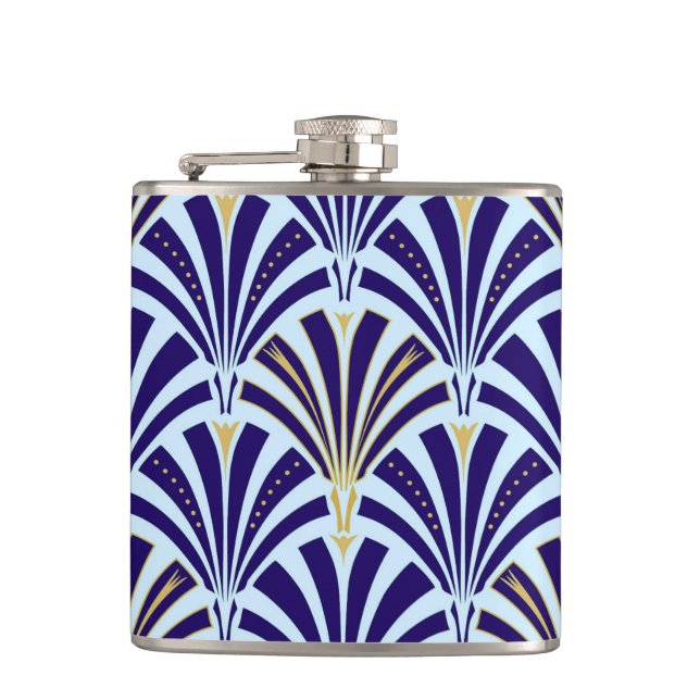 Art Deco fan pattern - cobalt and sky blue Hip Flask (Front)
