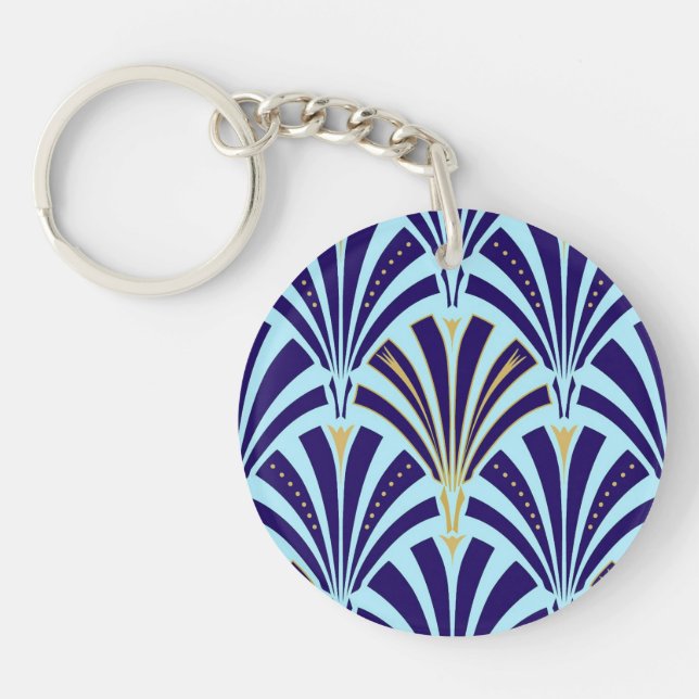 Art Deco fan pattern - cobalt and sky blue Keychain (Front)