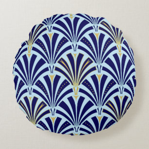 Art Deco fan pattern - cobalt and sky blue Round Pillow