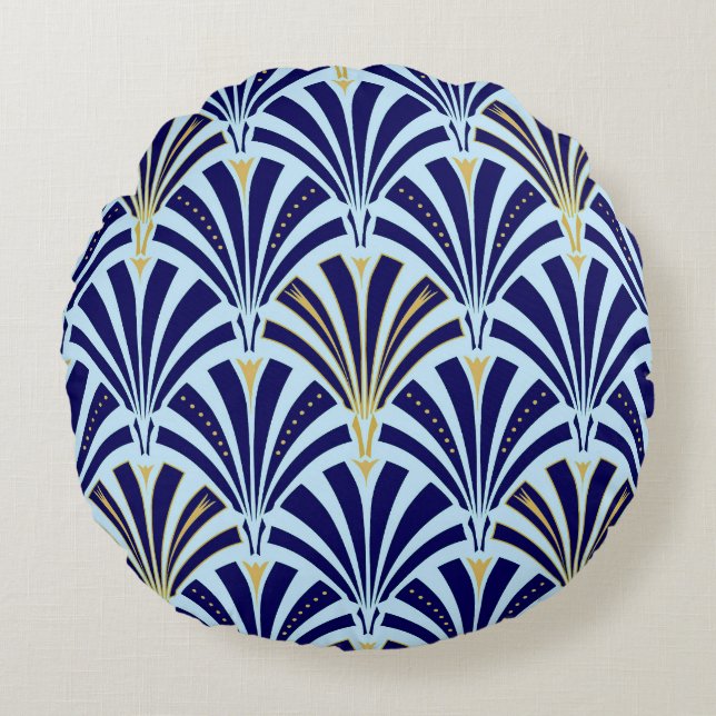 Art Deco fan pattern - cobalt and sky blue Round Pillow (Front)