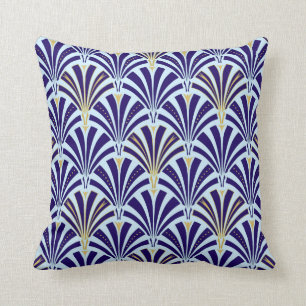Art Deco fan pattern - cobalt and sky blue Throw Pillow