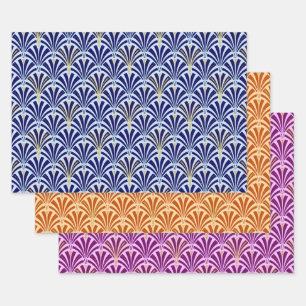 Art Deco Fan Pattern,  Dark Blue, Orange, Violet Wrapping Paper Sheet