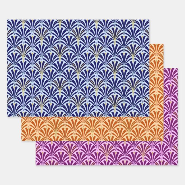 Art Deco Fan Pattern,  Dark Blue, Orange, Violet Wrapping Paper Sheet (Set)