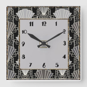 Art Deco Fan Pattern - Gray and Black Square Wall Clock