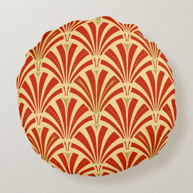 Art Deco fan pattern - mandarin orange Round Pillow (Back)