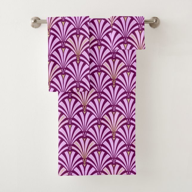 Art Deco Fan Pattern, orchid and purple Bath Towel Set (Insitu)