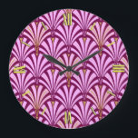 Art Deco fan pattern - orchid and purple Large Clock<br><div class="desc">Digital reproduction of a classic,  Art Deco wallpaper fan pattern - pale orchid pink on deep purple / eggplant,  embellished with gold</div>