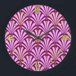 Art Deco fan pattern - orchid and purple Large Clock<br><div class="desc">Digital reproduction of a classic,  Art Deco wallpaper fan pattern - pale orchid pink on deep purple / eggplant,  embellished with gold</div>