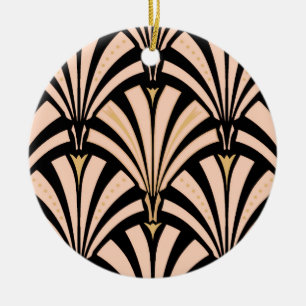 Art Deco fan pattern - peach on black Ceramic Ornament