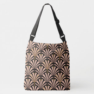 Art Deco fan pattern - peach on black Crossbody Bag