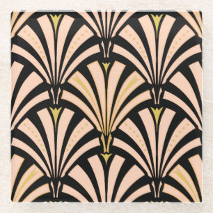 Art Deco fan pattern - peach on black Glass Coaster