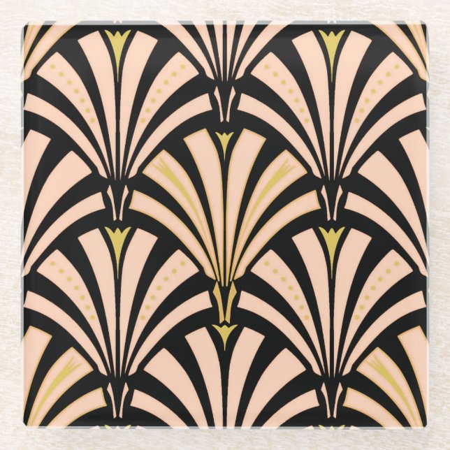 Art Deco fan pattern - peach on black Glass Coaster (Front)