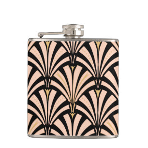 Art Deco fan pattern - peach on black Hip Flask